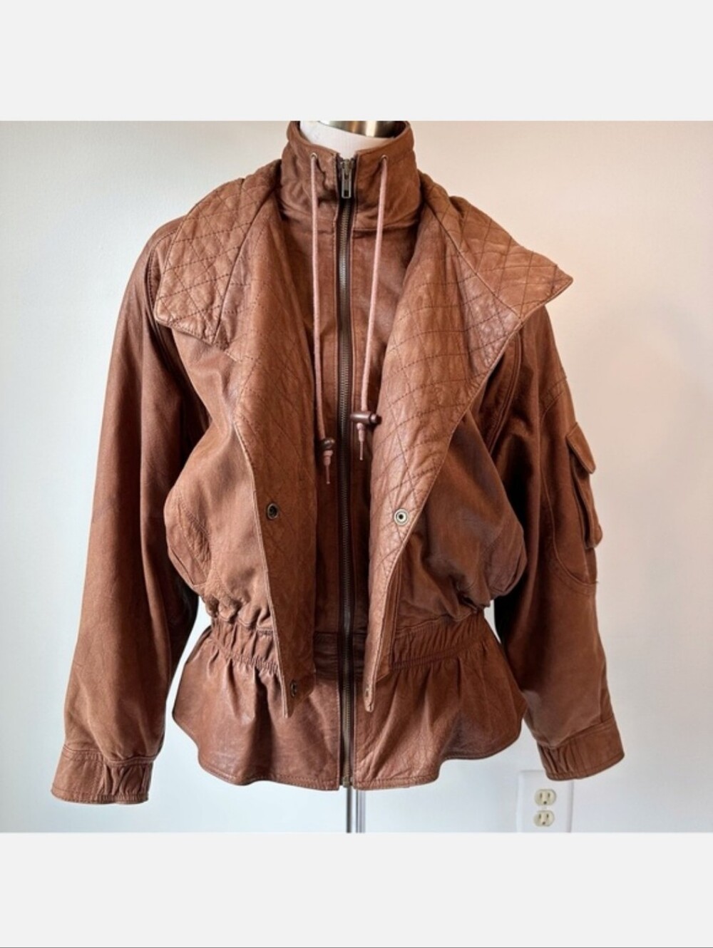 Adventure Bound Originals Brown Genuine Leather Quilted Aviator Peplum Jacket, L